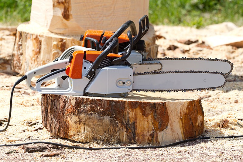 Two Electric Chainsaws on a Log